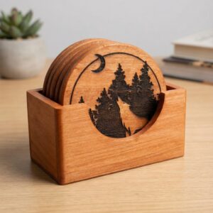 Light Walnut Wildlife Wooden Coasters with Holder – Set of 6 Engraved Wood Drink Coasters