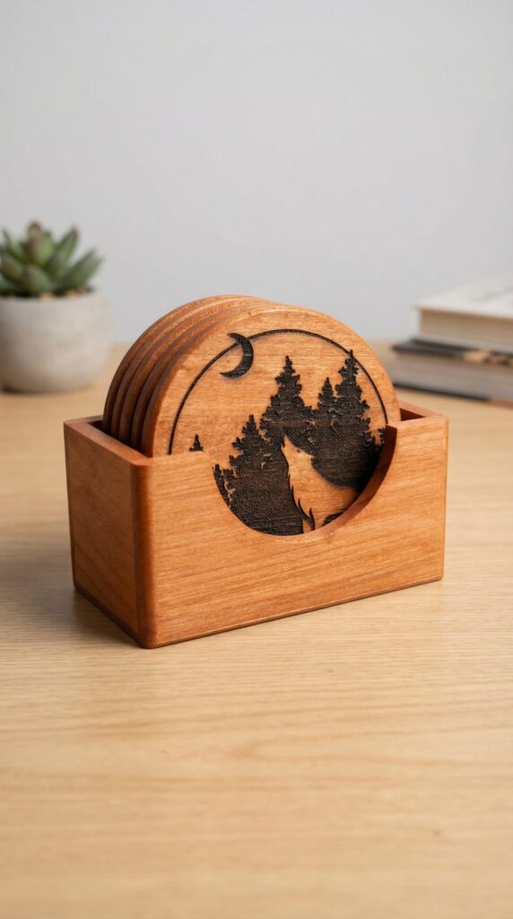 Light Walnut Wildlife Wooden Coasters with Holder – Set of 6 Engraved Wood Drink Coasters