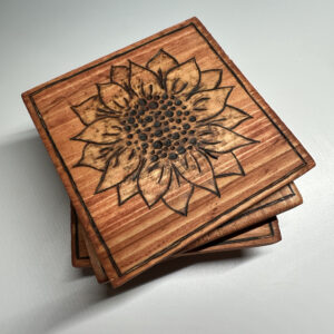 Light Walnut Floral Wooden Coasters – Set of 4 Handcrafted Wood Drink Coasters